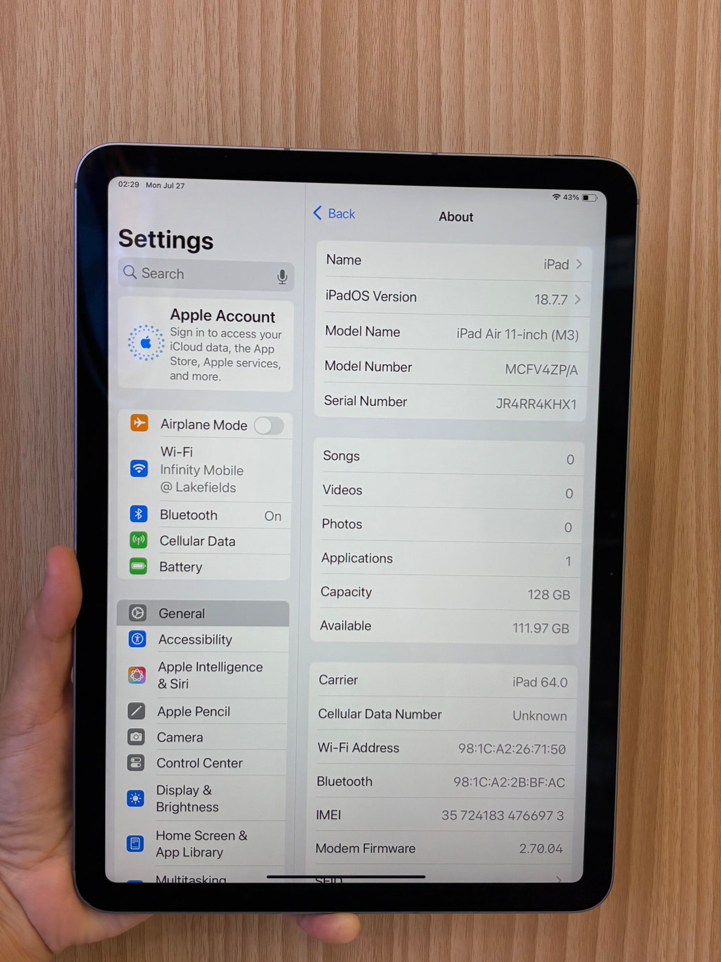 iPad Air 11-inch (M3) Cellular, 128GB (Grade A) *66973